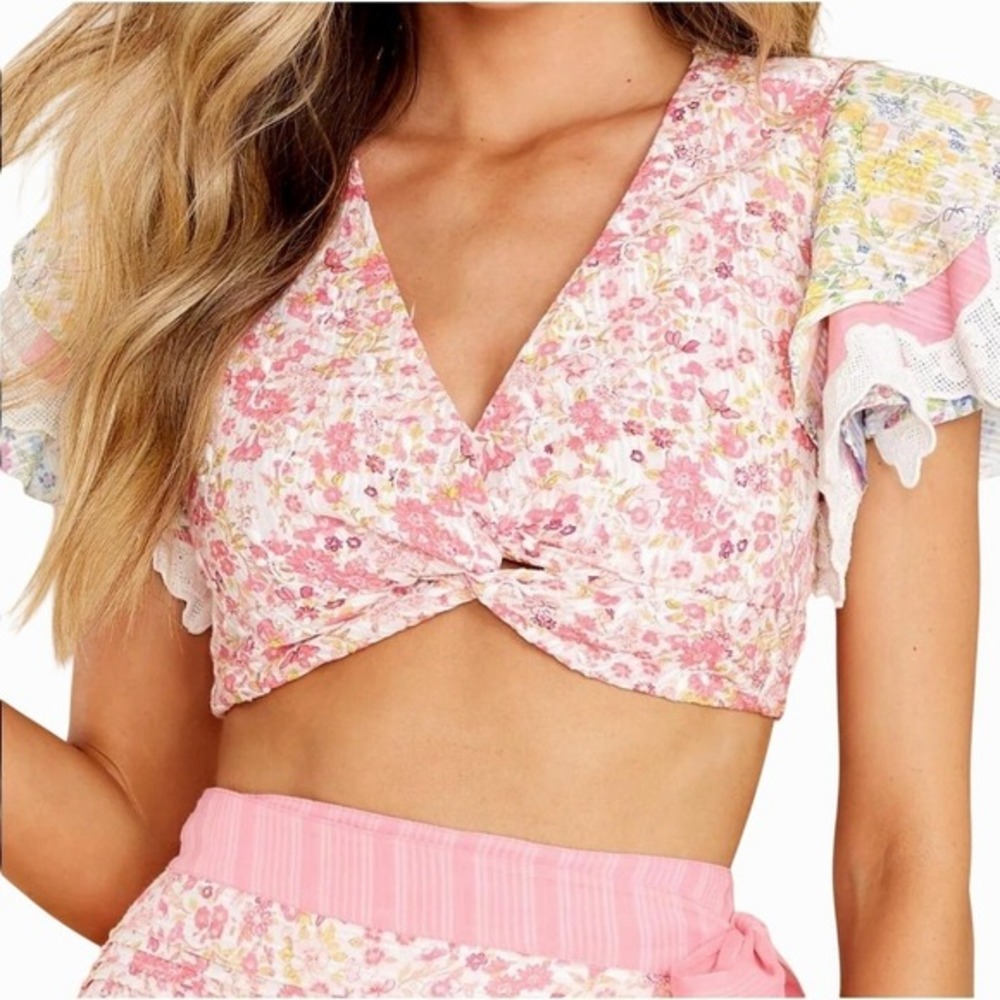 LoveShackFancy Kielle Crop Top Size Medium Pink Floral Twist Front Ruffle Sleeve - Picture 4 of 11